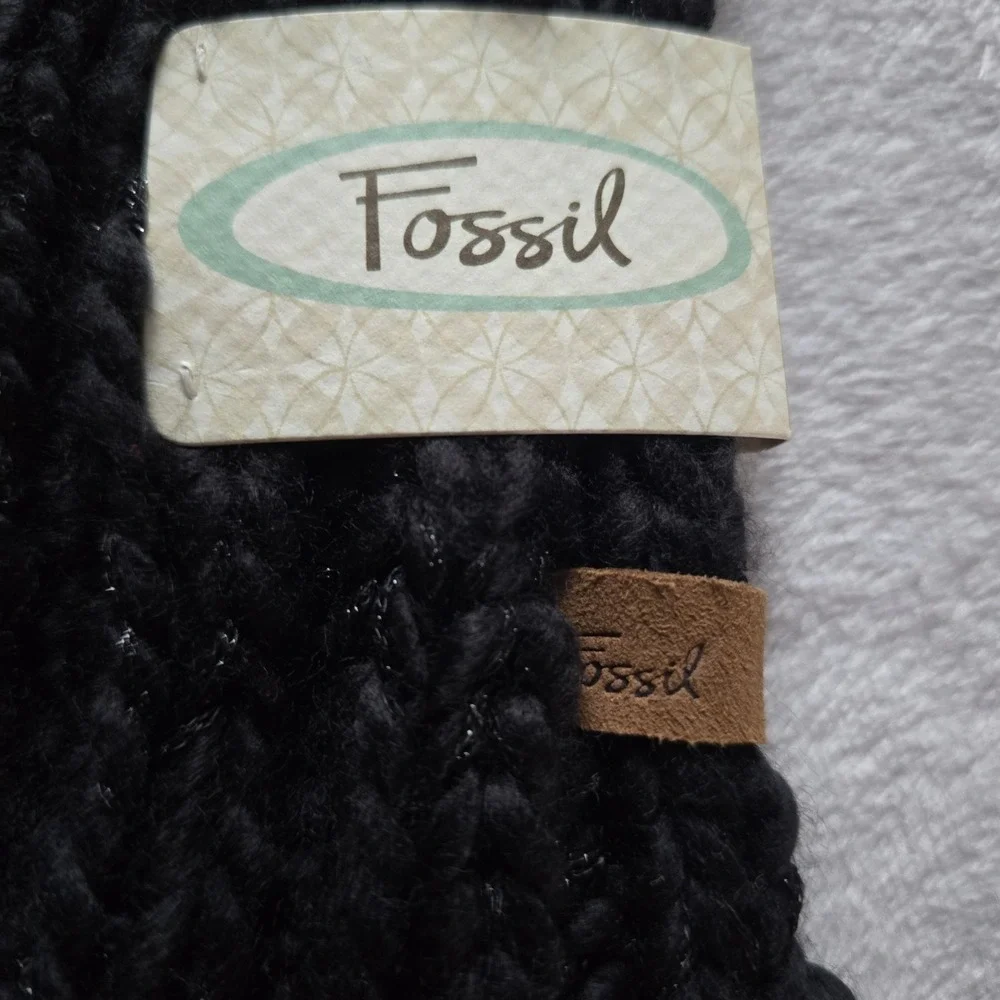 Fossil Lacey Lurex Black Chunky Knit Scarf with Satin Bows Metallic CW4003001